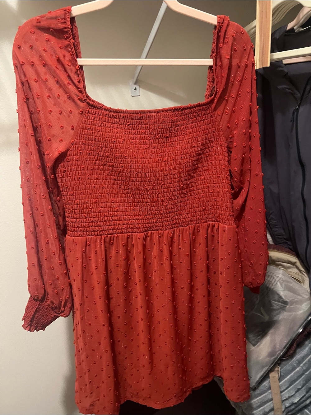 Smocked Rust-Red Long Sleeve Mini Dress